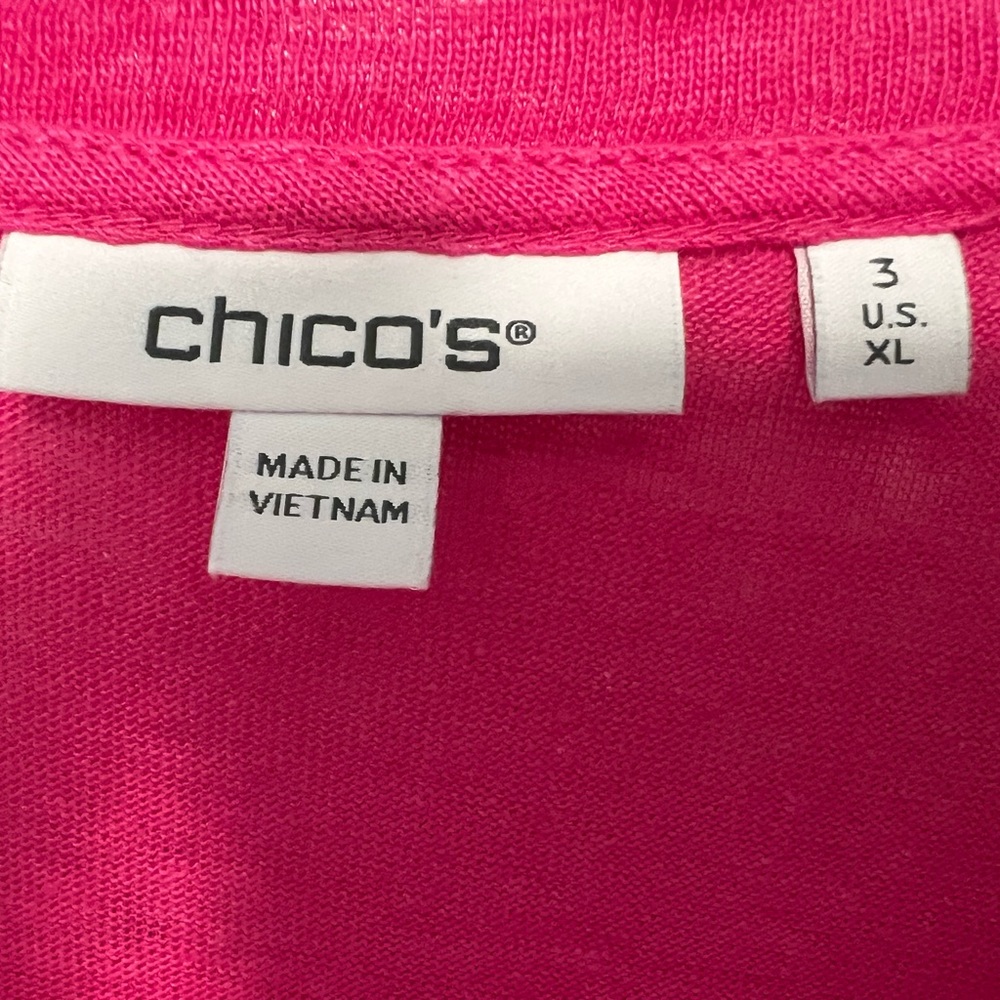 Chico’s Pink Linen Fringe Sleeve Tee, Size 3 (16-18), Fringe Hem on Sleeves - Picture 4 of 6